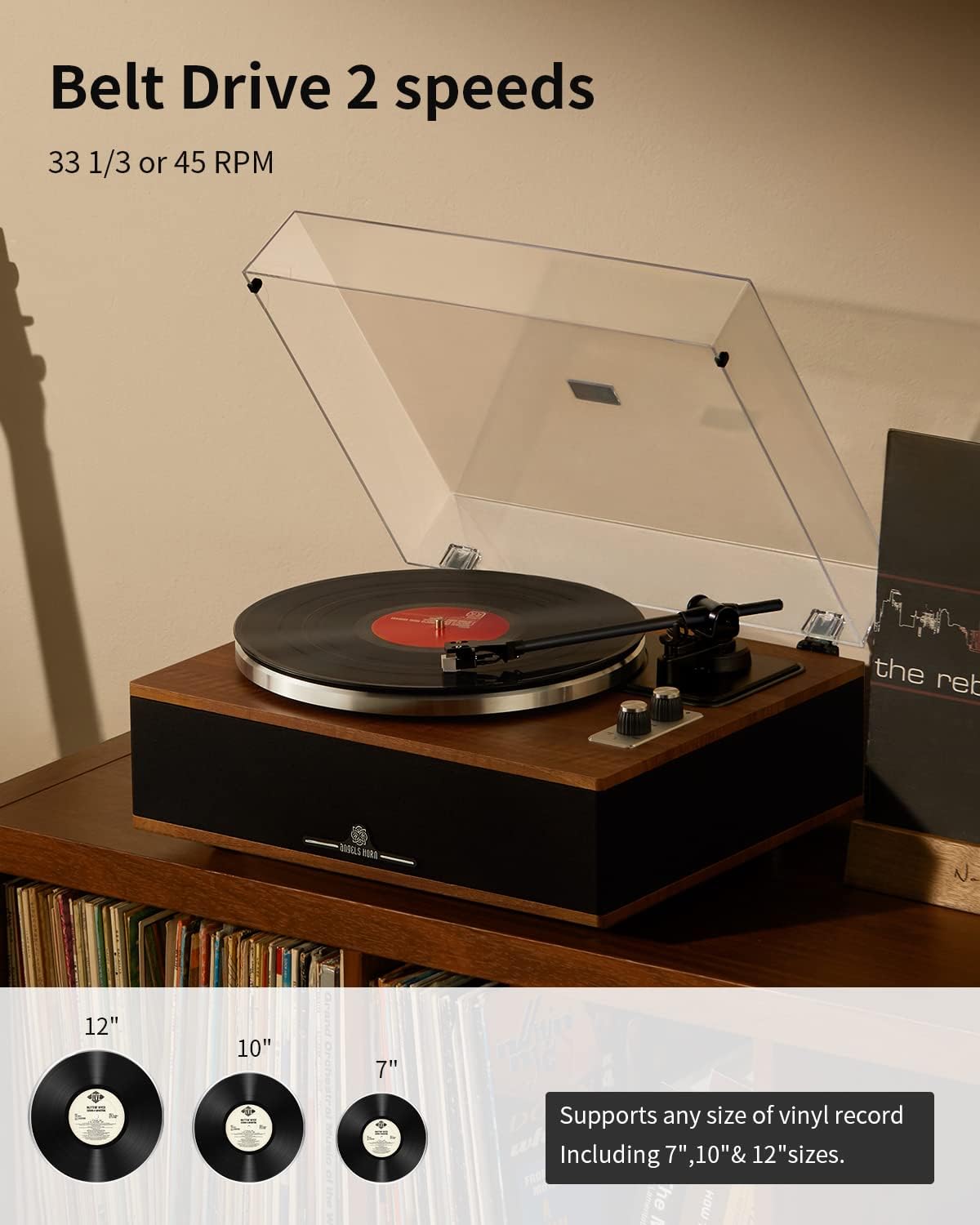 Bluetooth Belt-Drive 2-Speed Record Player Turntable with Built-in Speakers Phono Preamp & AT-3600L Magnetic Cartridge Zevon