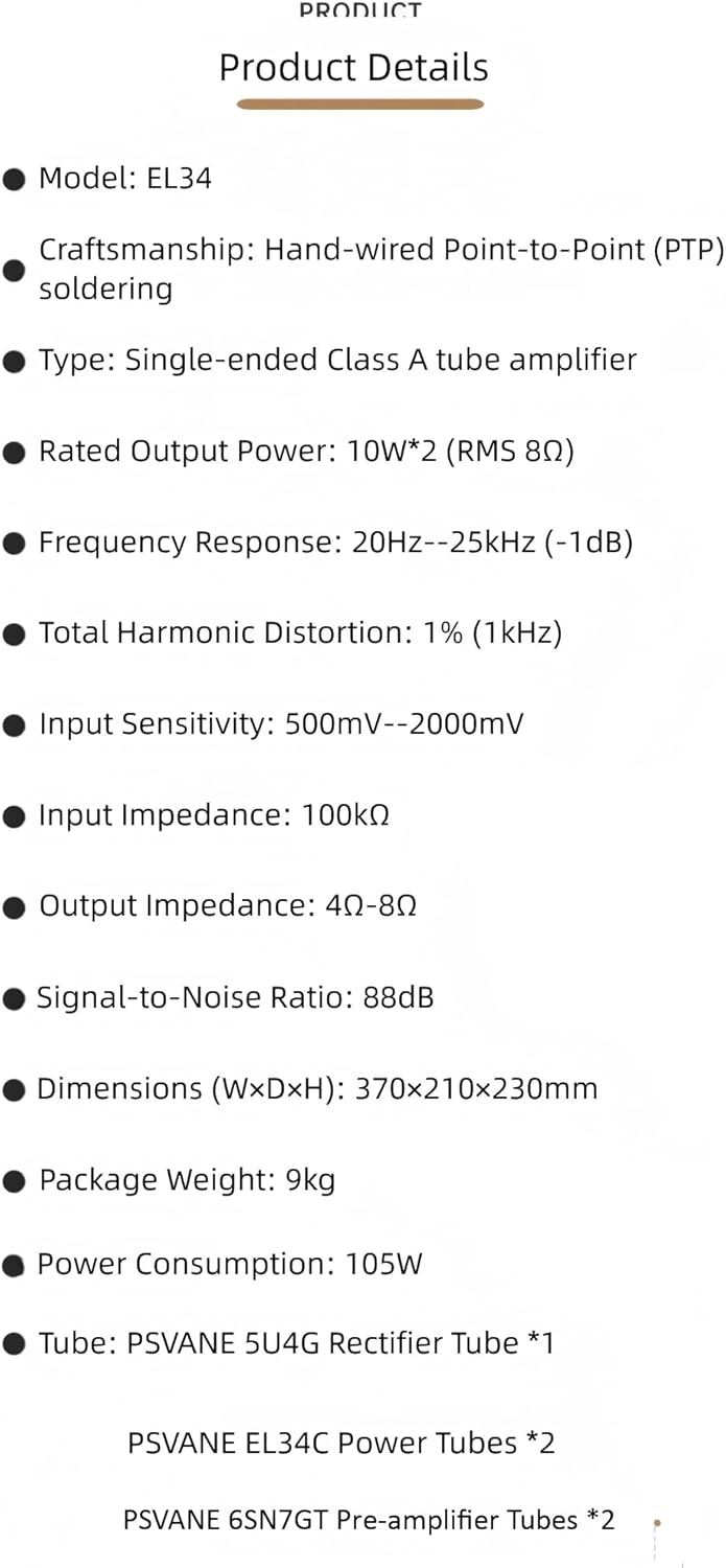 EL34 Single-Ended Class A Hand-Wired Point-to-Point 10W Vacuum Tube HiFi Integrated Power Amplifier Black Zevon
