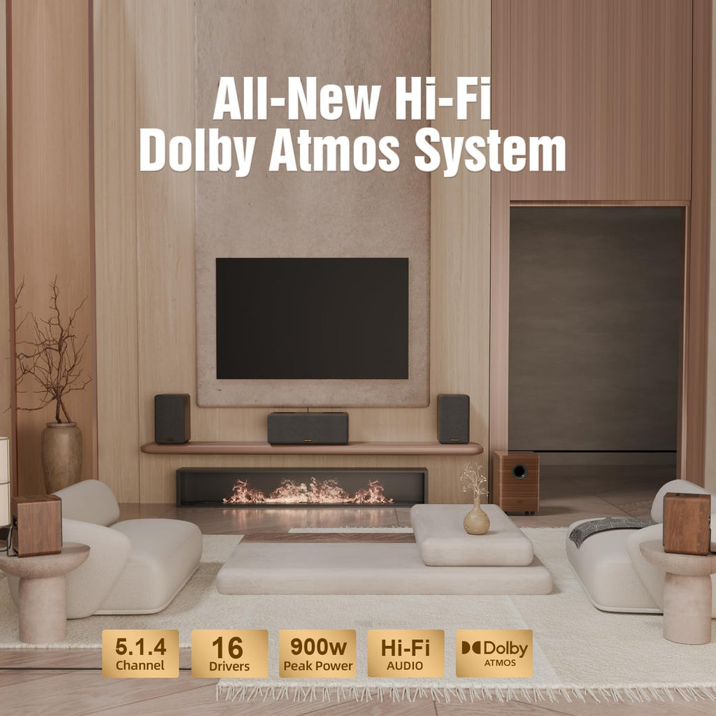 True 5.1.4 Hi-Fi Dolby Atmos Surround Sound System 900W Home Theater Soundbar with 4 Surrounds & 25Hz Subwoofer eARC Zevon