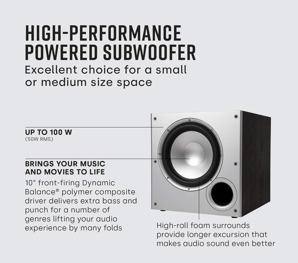 Polk Audio PSW10 10" Powered Subwoofer Compact Home Theater Big Bass Speaker with Power Port Technology Up to 100W Zevon