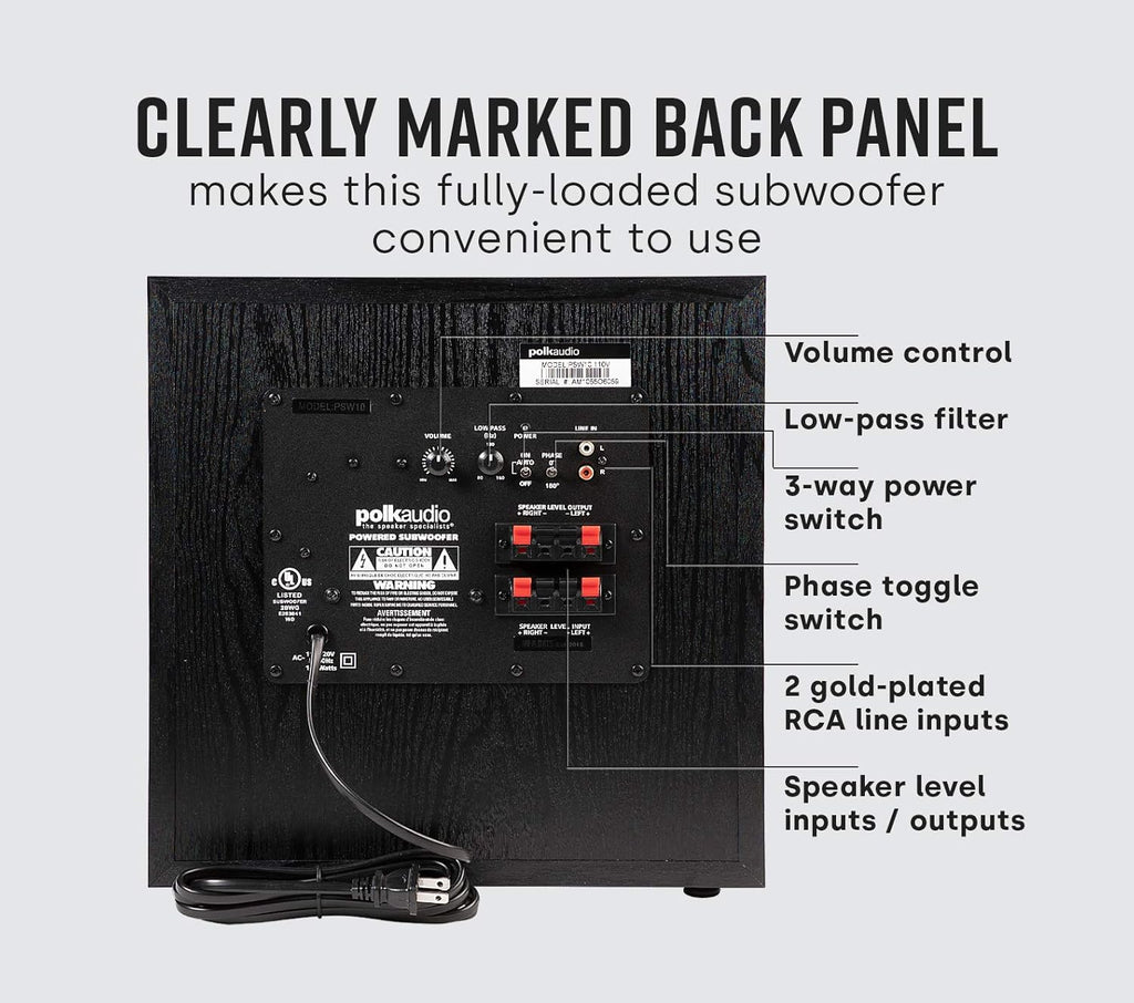 Polk Audio PSW10 10" Powered Subwoofer Compact Home Theater Big Bass Speaker with Power Port Technology Up to 100W Zevon