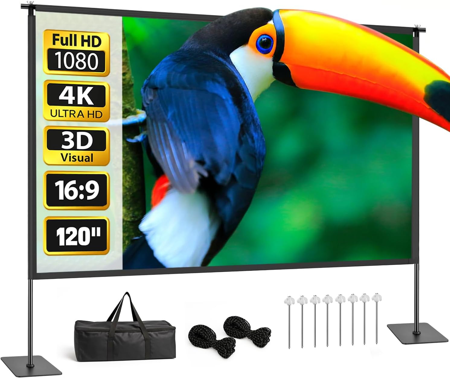 120" Portable Projector Screen with Stand All-Metal Frame Wrinkle-Free 16:9 4K HD Indoor Outdoor Movie Screen with Carry Bag Zevon