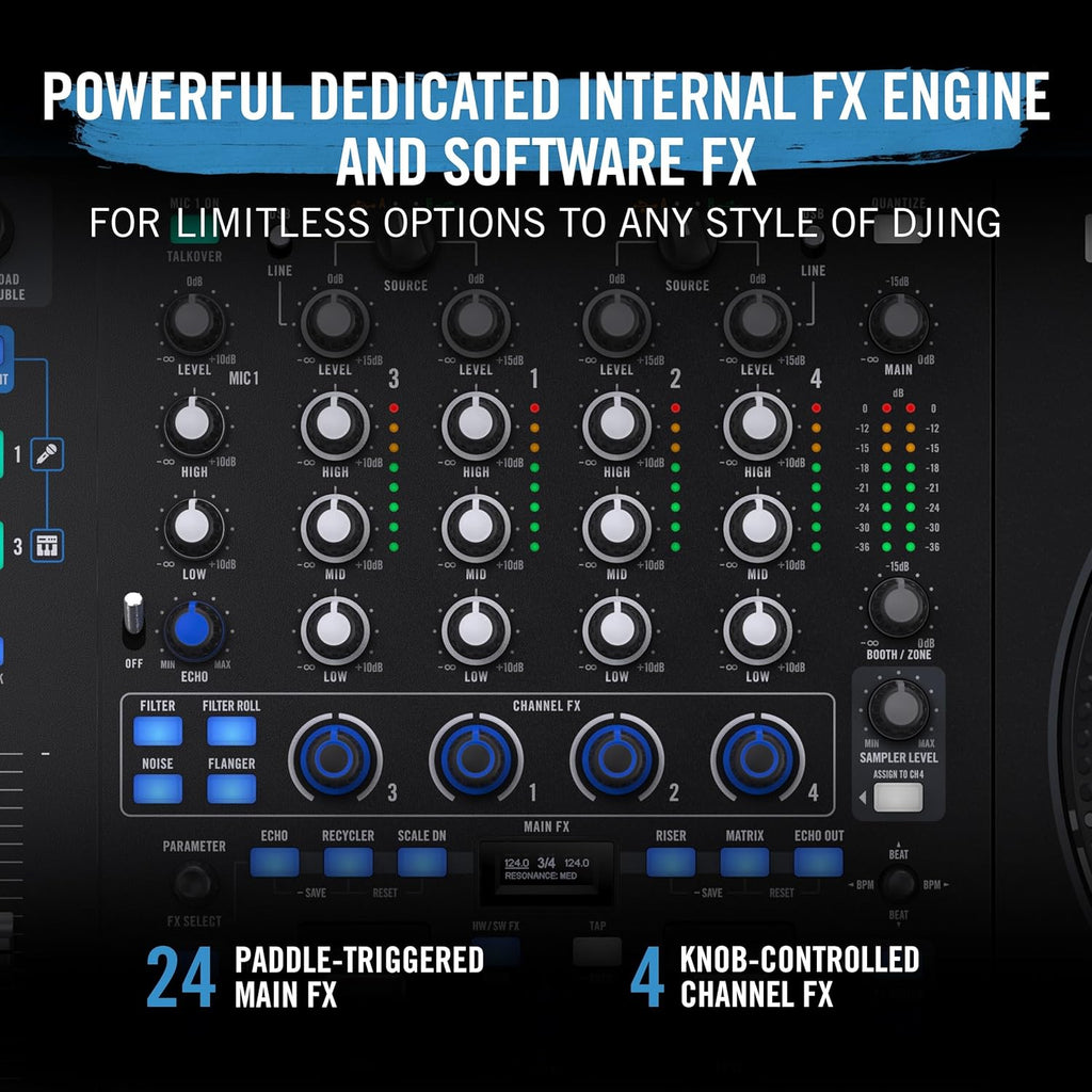 RANE FOUR 4-Deck Advanced Stems DJ Controller with 8.5" Jog Wheels Serato DJ Pro Included Zevon