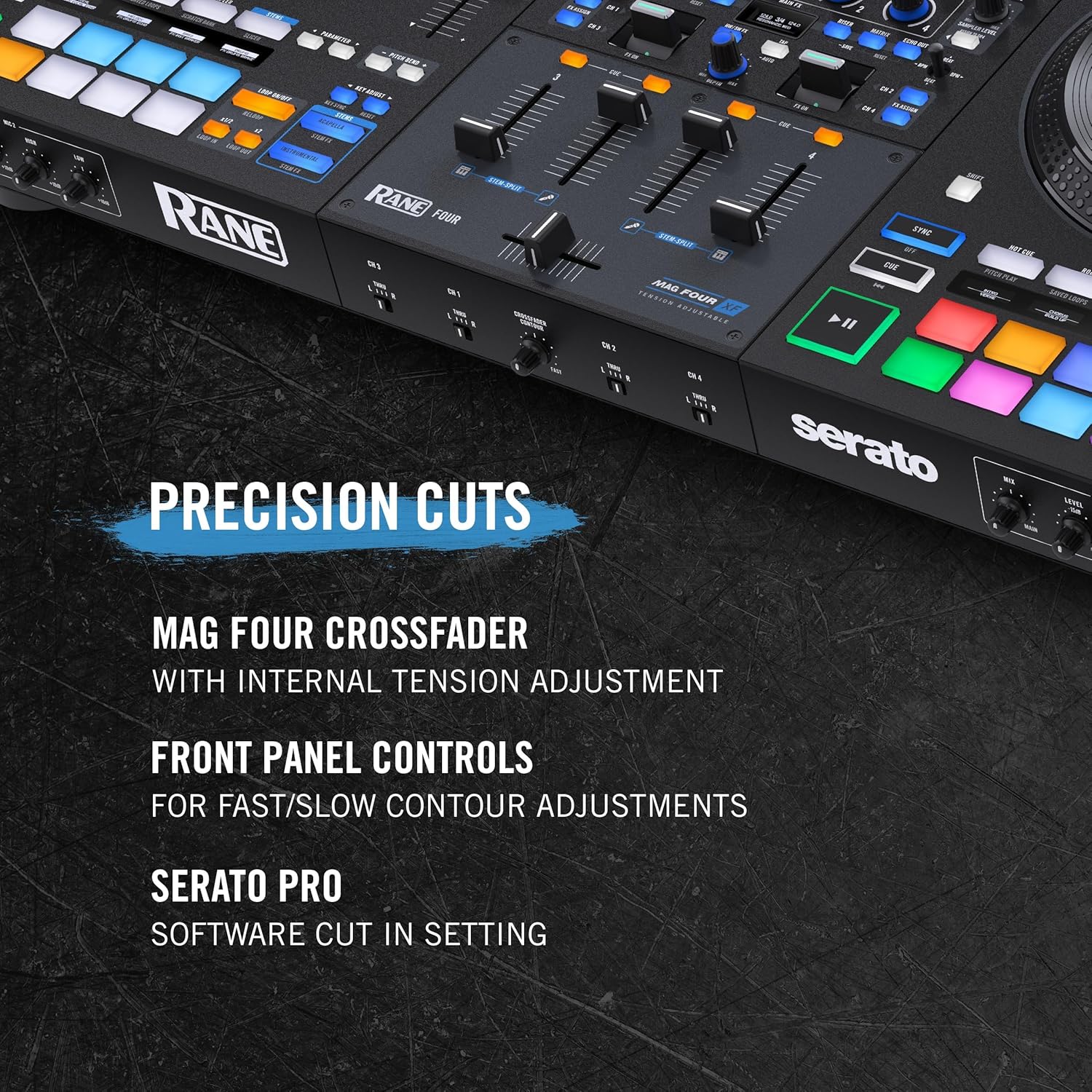 RANE FOUR 4-Deck Advanced Stems DJ Controller with 8.5" Jog Wheels Serato DJ Pro Included Zevon