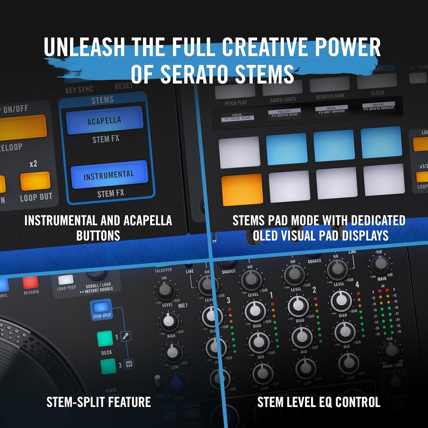 RANE FOUR 4-Deck Advanced Stems DJ Controller with 8.5" Jog Wheels Serato DJ Pro Included Zevon